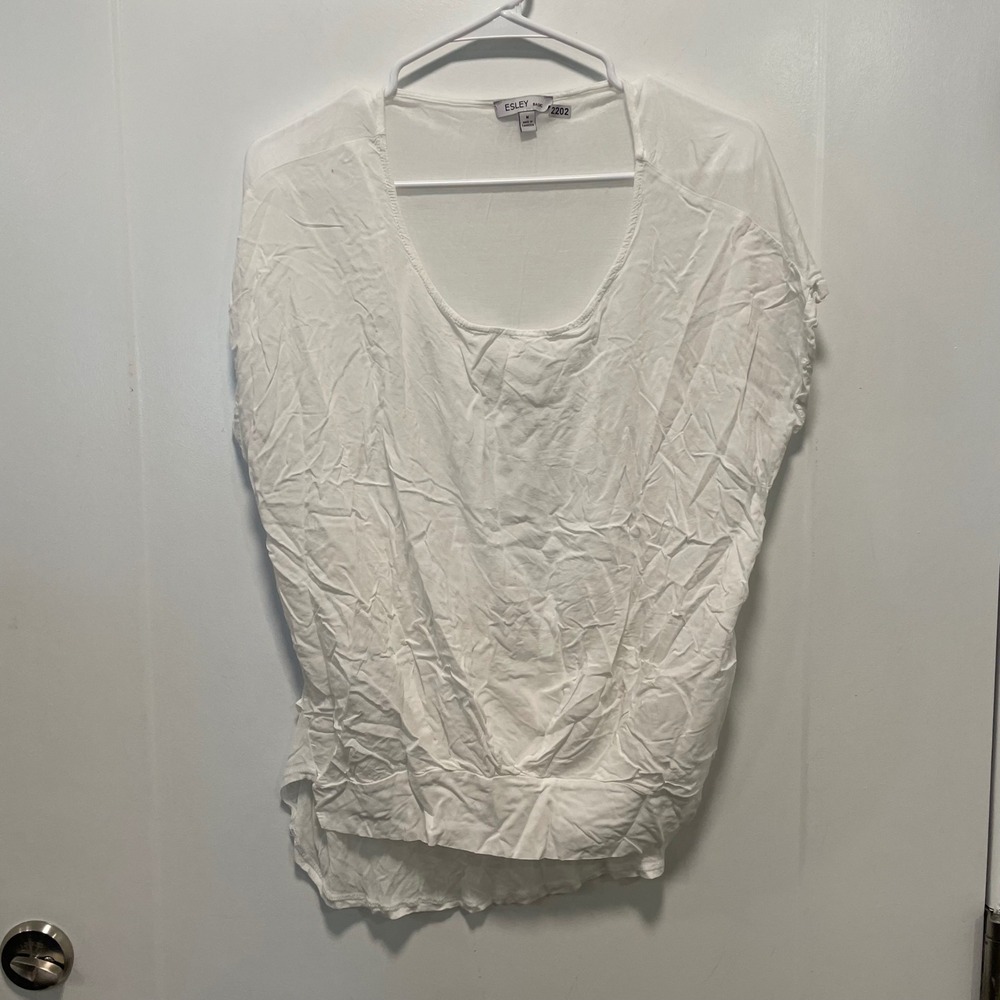 Esley Basic White Rayon Scoop Neck Cap Sleeve Blouson Top 21047T-L Mens Medium